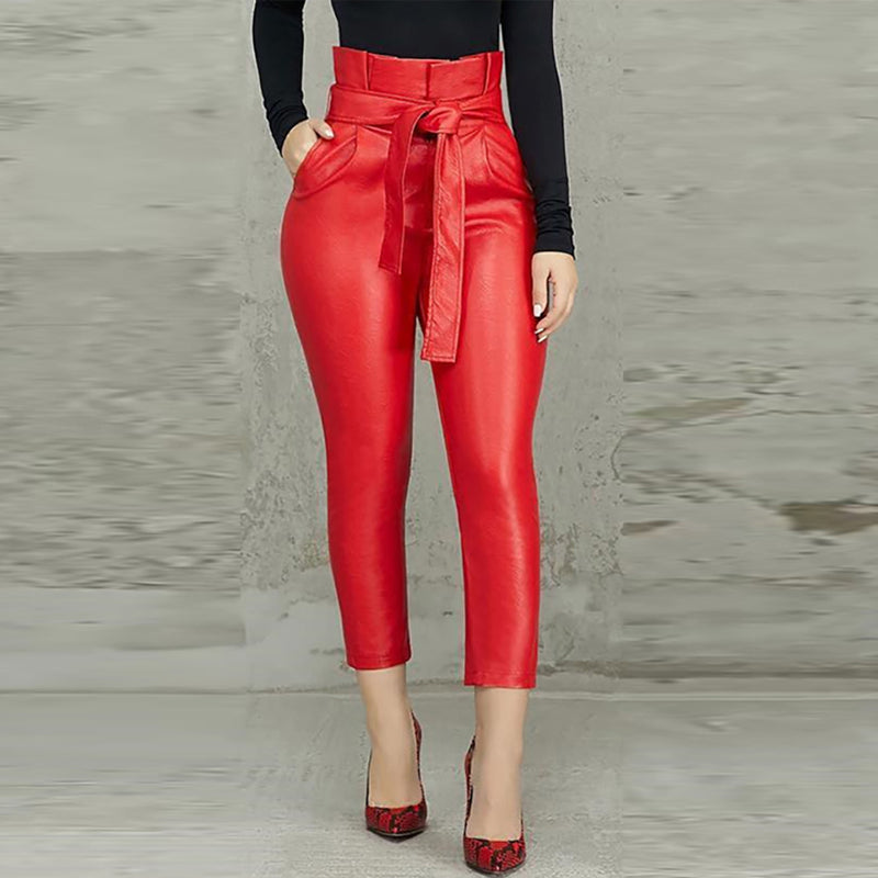 Women's Fashion Plus Size 2XL Casual Pocket Design Skinny Ankle-Length Pants OL Frills High Waist Belted PU Pencil Pants