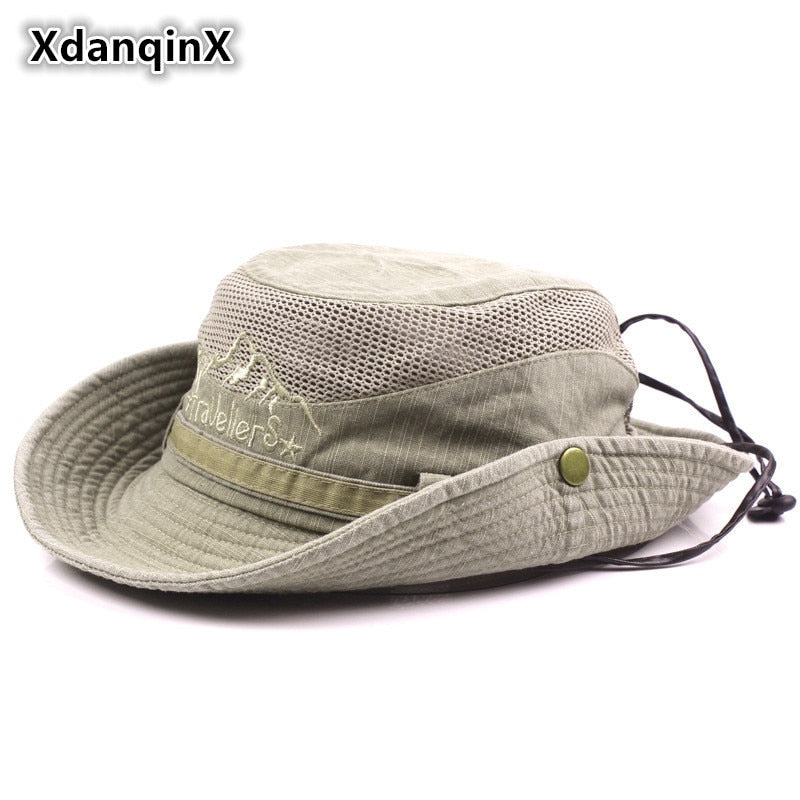 XdanqinX Adult Men's Cap Summer Mesh Breathable Retro 100% Cotton Bucket Hat Panama Jungle Fishing Hats Novelty Dad's Beach Cap