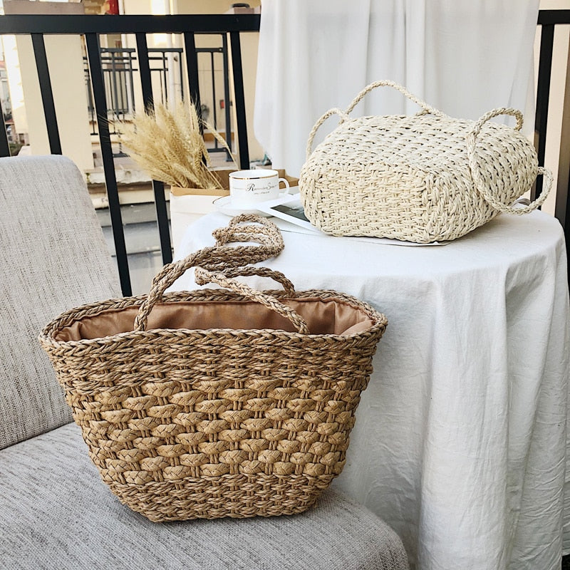 2019 New solid color retro straw bag shoulder woven bag casual handbag beach bag