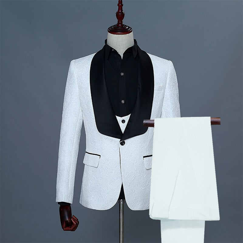 PYJTRL Brand Three Piece Wedding Fashion Brazer Suit Slim Fit Tuxedos For Men Shawl Lapel White Jacquard Prom Party Wear