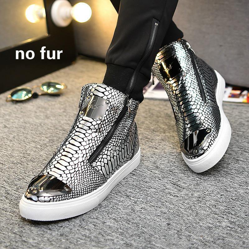 Winter Shoes Men Fashion Bling High Top Zipper Men Sneakers Height Increasing PU Leather Fur Lined Cotton Men Shoes Size 39-44 - Surprise store