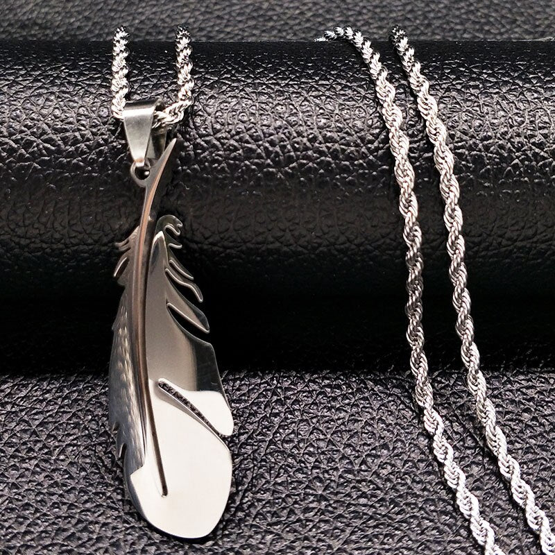 2021 Fashion Feather Stainless Steel Long Necklace for Men Gold Color Necklace Jewelry Gift acero inoxidable N1039S02