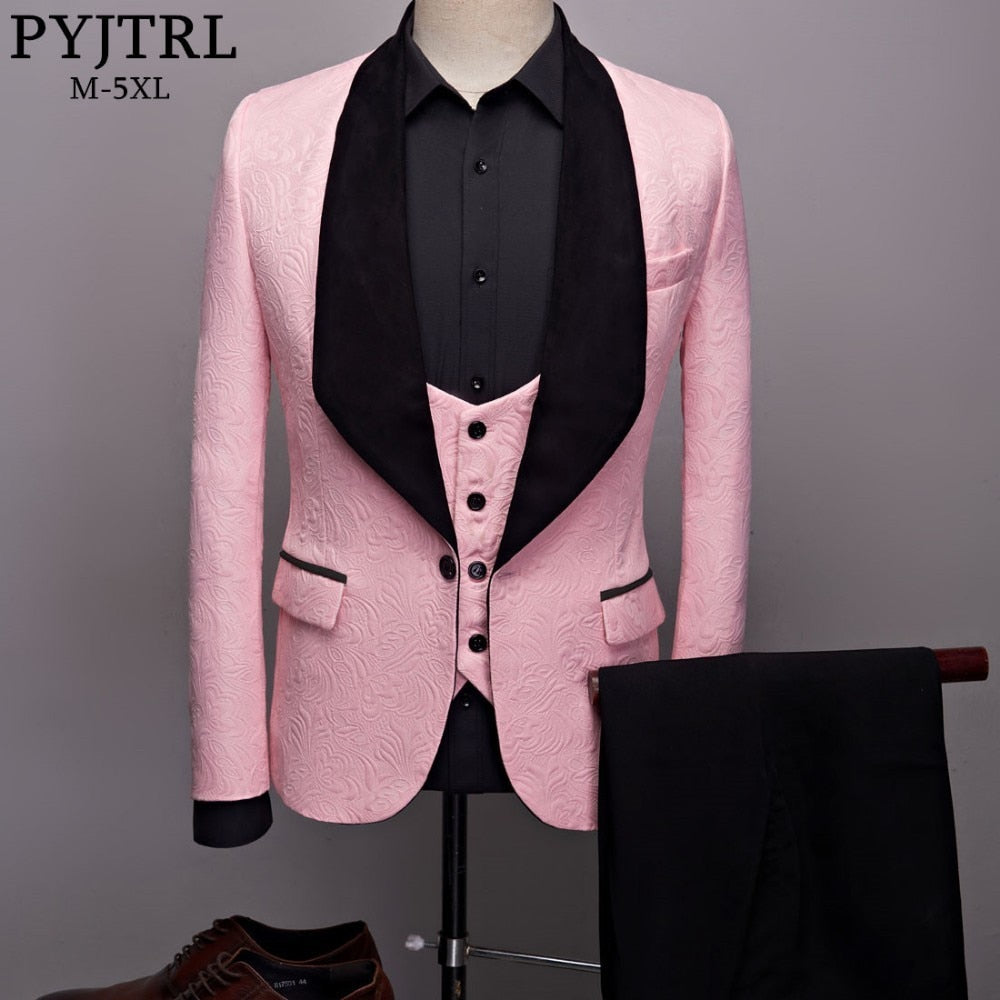 PYJTRL Mens Fashion Big Shawl Lapel 3 Pieces Set Pink Red Blue White Black Wedding Groom Suits Quality Jacquard Banquet Tuxedo