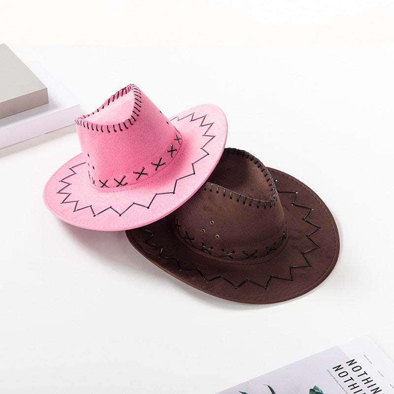 Parent-Child Summer Travel Sunscreen Suede Leather Western Cowboy Hat Men Women Kids Big Wide Brim Sun Jazz Cosplay Cap W2
