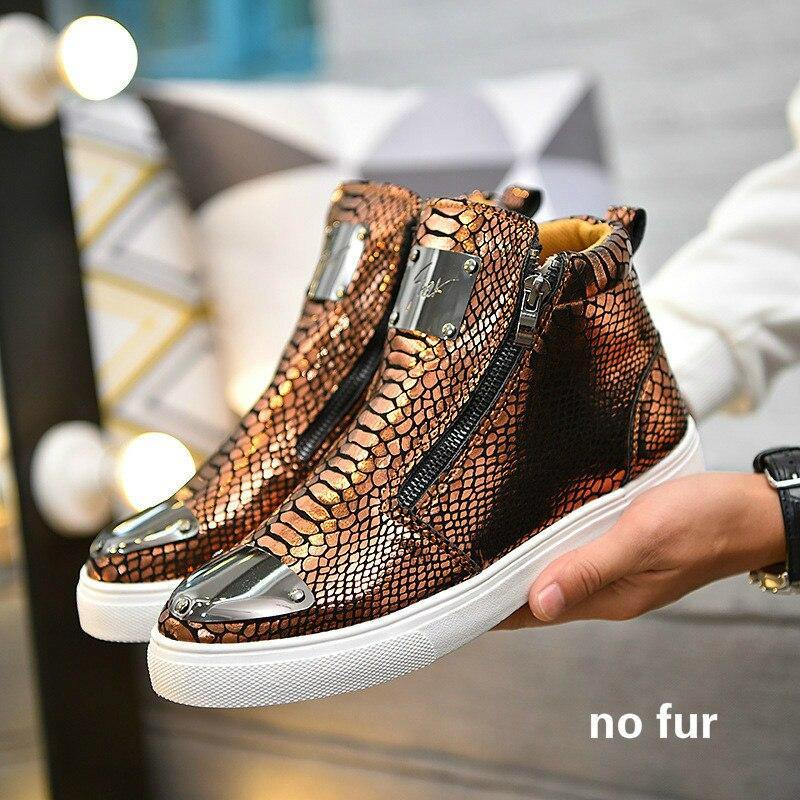 Winter Shoes Men Fashion Bling High Top Zipper Men Sneakers Height Increasing PU Leather Fur Lined Cotton Men Shoes Size 39-44 - Surprise store