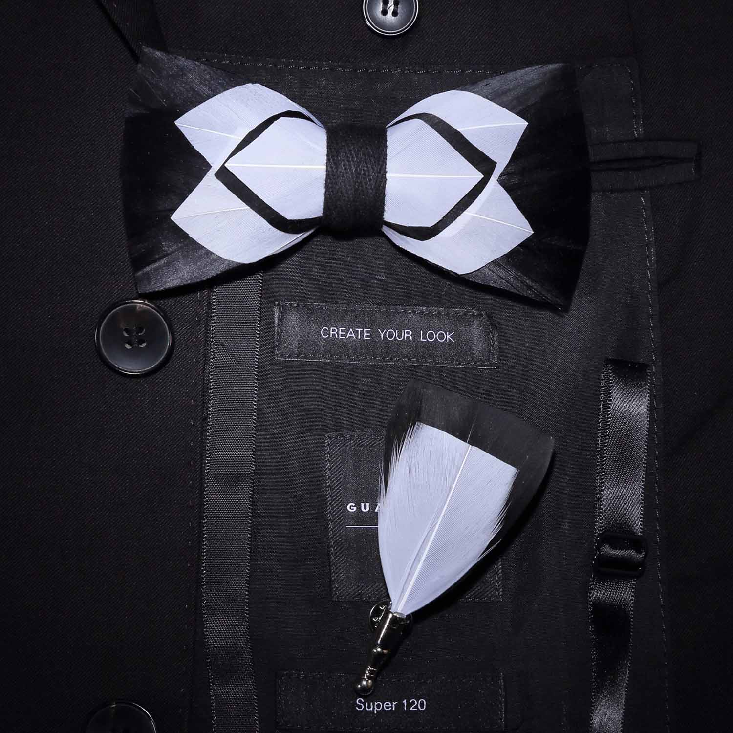 JEMYGINS Original Design Natural Brid Feather Exquisite Hand Made Bow Tie Brooch Pin Gift Box Set For Men Wedding Party Bowtie