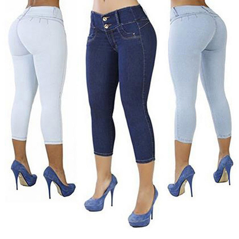 2021 Women Sexy Casual Cropped Pants Solid Color Button Fly Waist Slim Trousers Breathable Elastic Pencil Pants