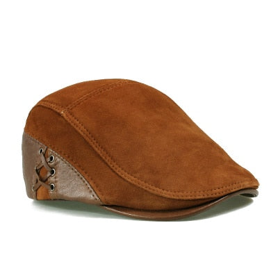 Wholesales European Style Genuine Leather Caps Beret Man Casual Sheepskin Suede Black/Brown Fitted Duckbill Hats Male Boina