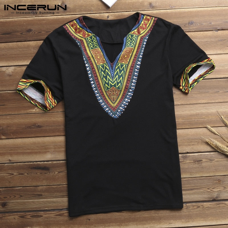 INCERUN Fashion Men Dashiki T Shirt V Neck Print Tops African Ethnic Short Sleeve Brand T-shirts Men African Clothes 2020 S-5XL