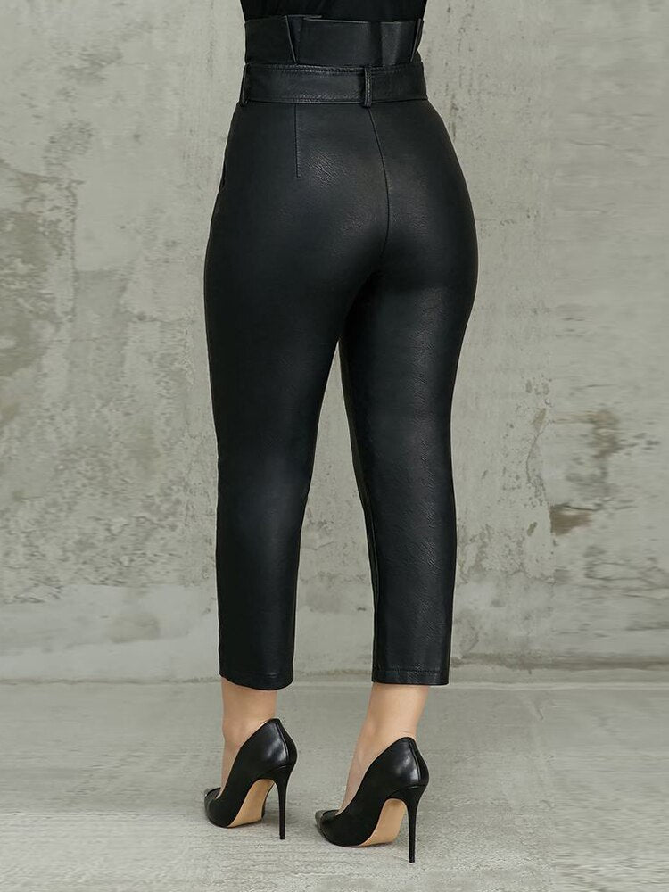 Women's Fashion Plus Size 2XL Casual Pocket Design Skinny Ankle-Length Pants OL Frills High Waist Belted PU Pencil Pants