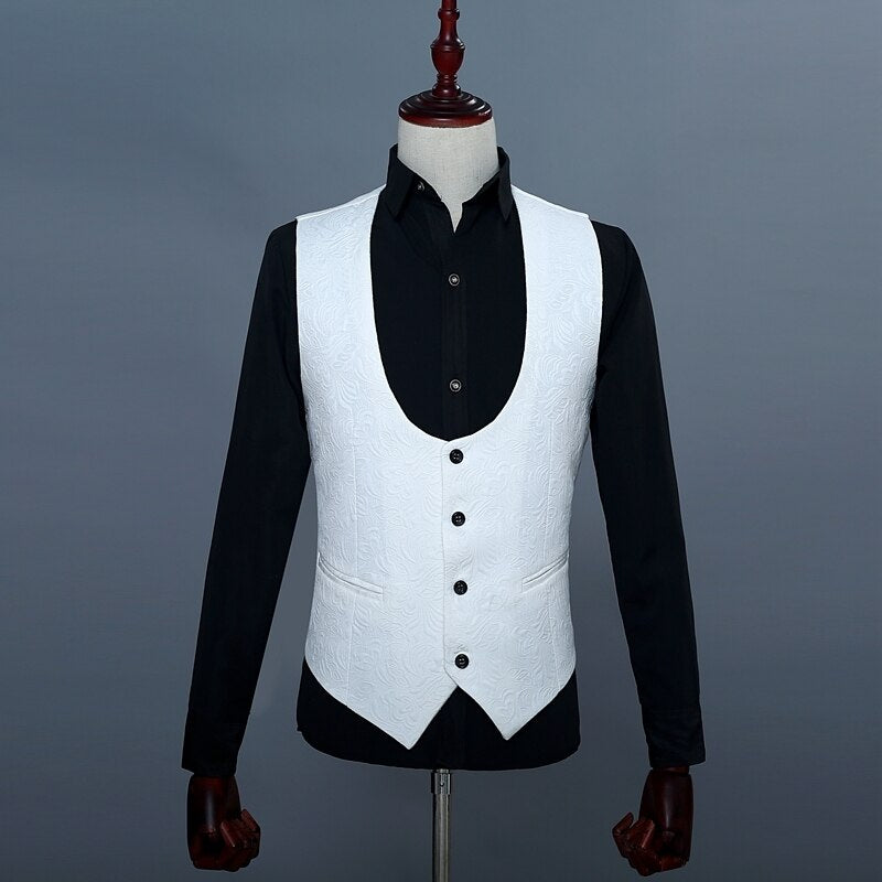 PYJTRL Brand Three Piece Wedding Fashion Brazer Suit Slim Fit Tuxedos For Men Shawl Lapel White Jacquard Prom Party Wear