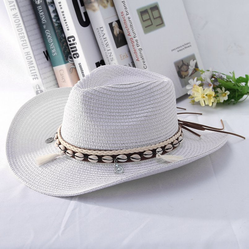 GEMVIE 2019 Shell Tassels Cowgirl Summer Hat Straw Hat for Women Men Western Cowboy Hat Lady Trendy Woven Sun Hat Beach Cap