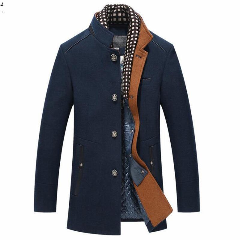 Men's Wool Coat Winter Cashmere Jacket Men Casual Windbreaker Long Slim Fit Trench Coat Thick Woolen With Detachable Scarf Coats - Surprise store