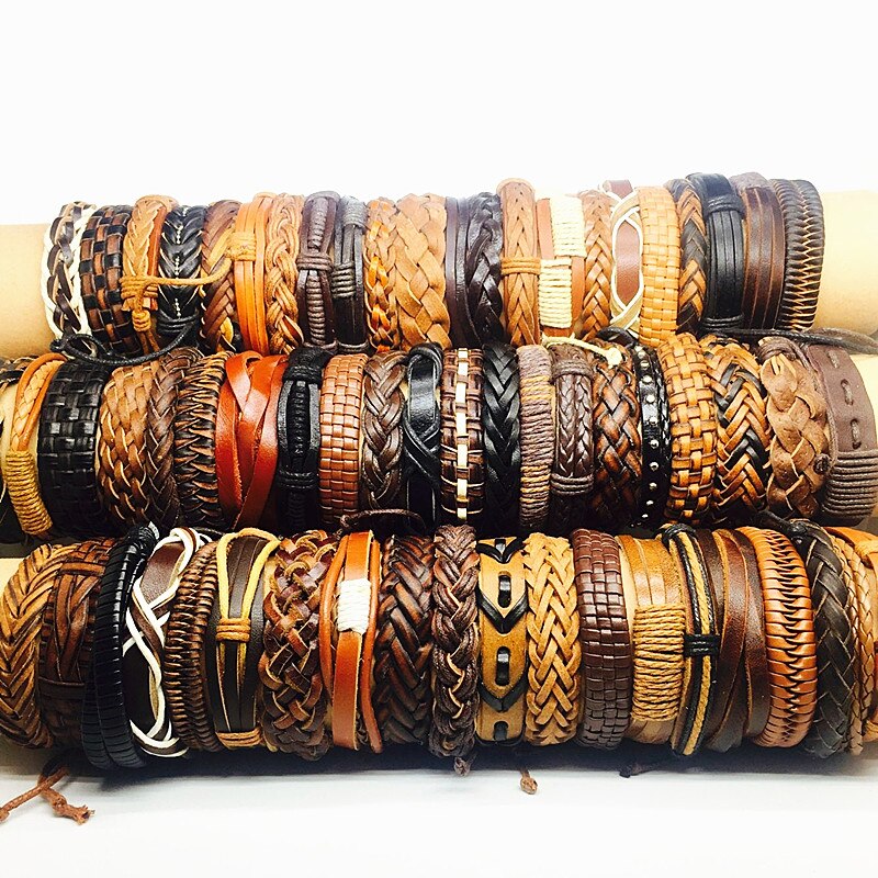 MIXMAX 100pcs retro leather bracelets for men's women's unisex handmade surfer cuff black brown color bangle wristband jewelry
