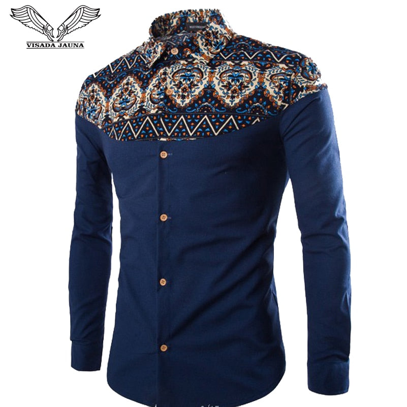 VISADA JAUNA Men's Shirt 2017 New Fashion Long Sleeve Floral Patchwork Slim Fit High Quality Turn-down Collar Shirts 5XL N525