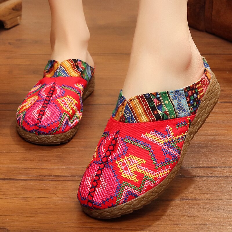 Veowalk Harajuku Summer Women Floral Embroidered Canvas Mules Slippers Hawaii Fashion Ladies Casual Platform Flat Slide Shoes