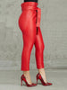 Women's Fashion Plus Size 2XL Casual Pocket Design Skinny Ankle-Length Pants OL Frills High Waist Belted PU Pencil Pants