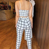 Women Two Piece Sets Summer Short Sleeveless Grid Plunge V-neck Wrapped Plaid Cami Top High Waist Bodycon Ankle-length Pants