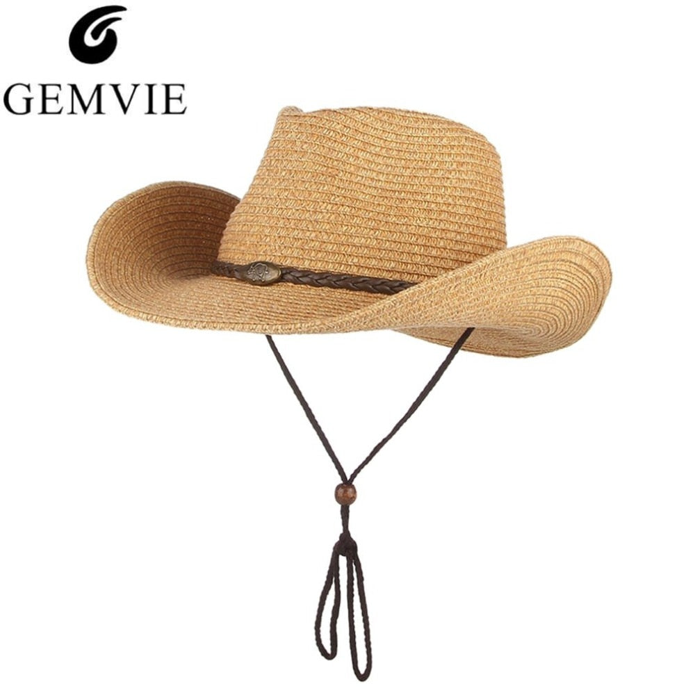 GEMVIE Western Cowboy Sun Hat Wind Lanyard For Men Women Wide Brim Straw Hat Beach Cap Panama Fishing Fisherman Cap Summer Hats