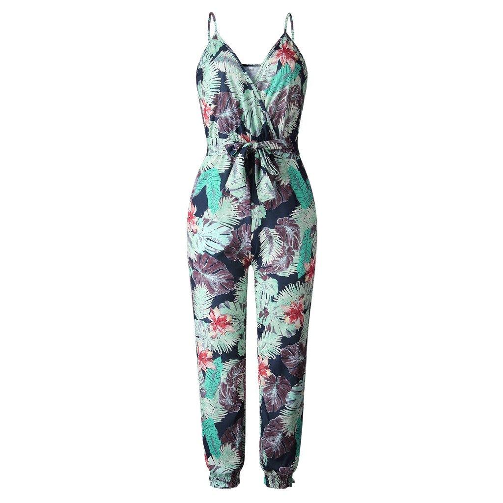 Womail bodysuit Women Summer Sleeveless Print V-Neck Long Jumpsuit Wide Leg Jumpsuit fashion Holiday Vacation Casual 2019 M530 - Surprise store