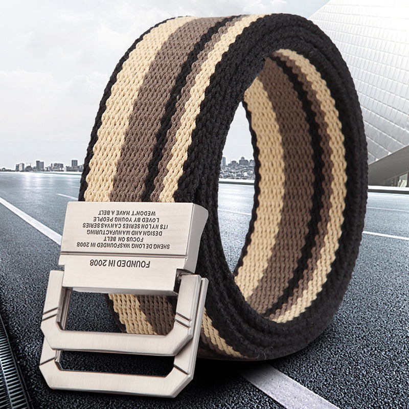 Canvas Belt Men's and Women's Belt Youth Student Double Ring Buckle Striped Belt Long Size Fashion Denim Belt