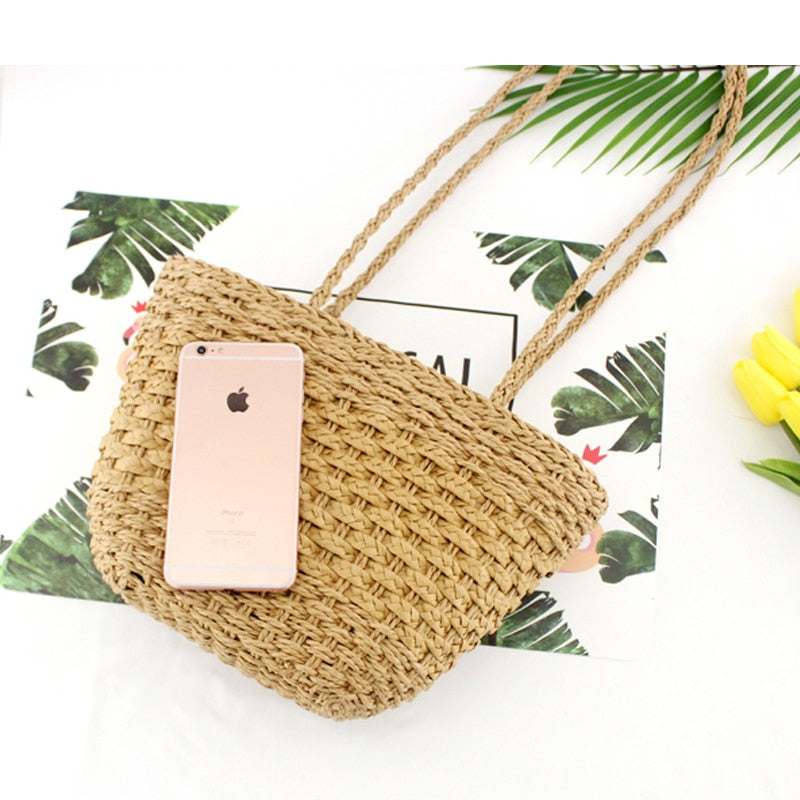 2019 New solid color retro straw bag shoulder woven bag casual handbag beach bag