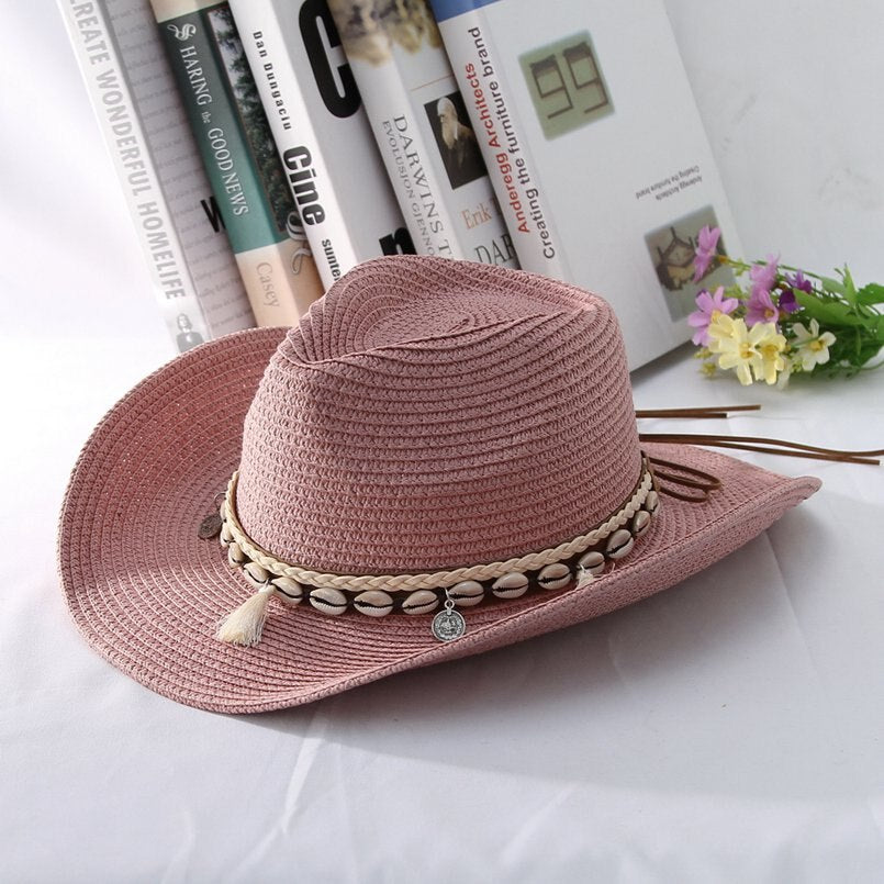 GEMVIE 2019 Shell Tassels Cowgirl Summer Hat Straw Hat for Women Men Western Cowboy Hat Lady Trendy Woven Sun Hat Beach Cap