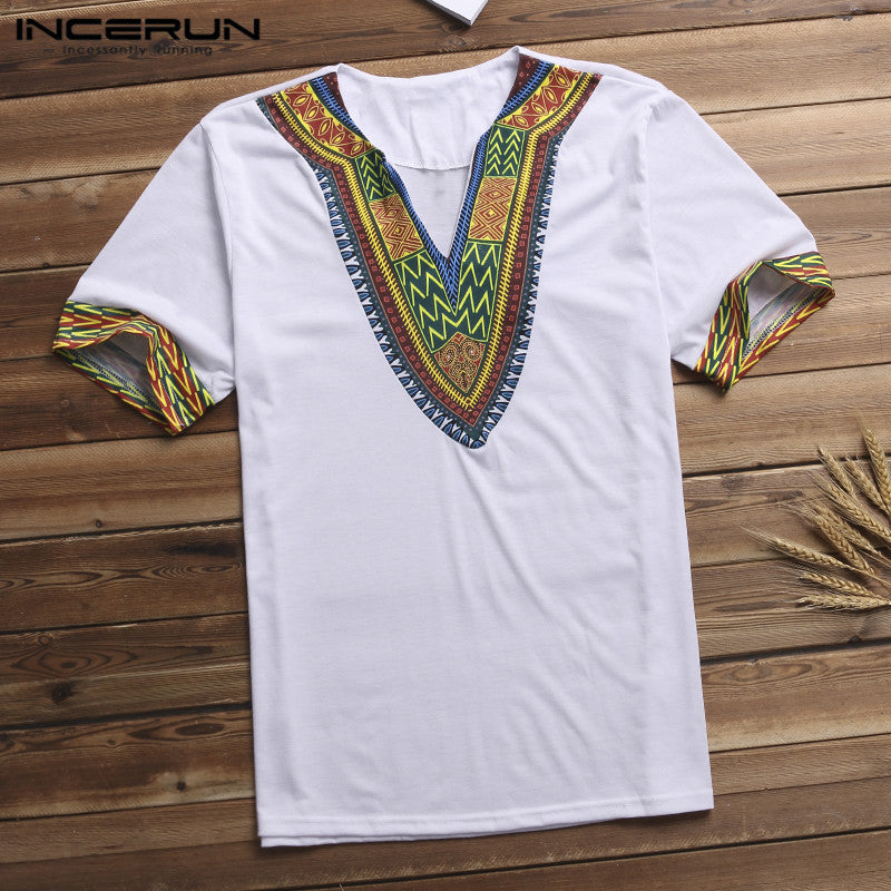 INCERUN Fashion Men Dashiki T Shirt V Neck Print Tops African Ethnic Short Sleeve Brand T-shirts Men African Clothes 2020 S-5XL