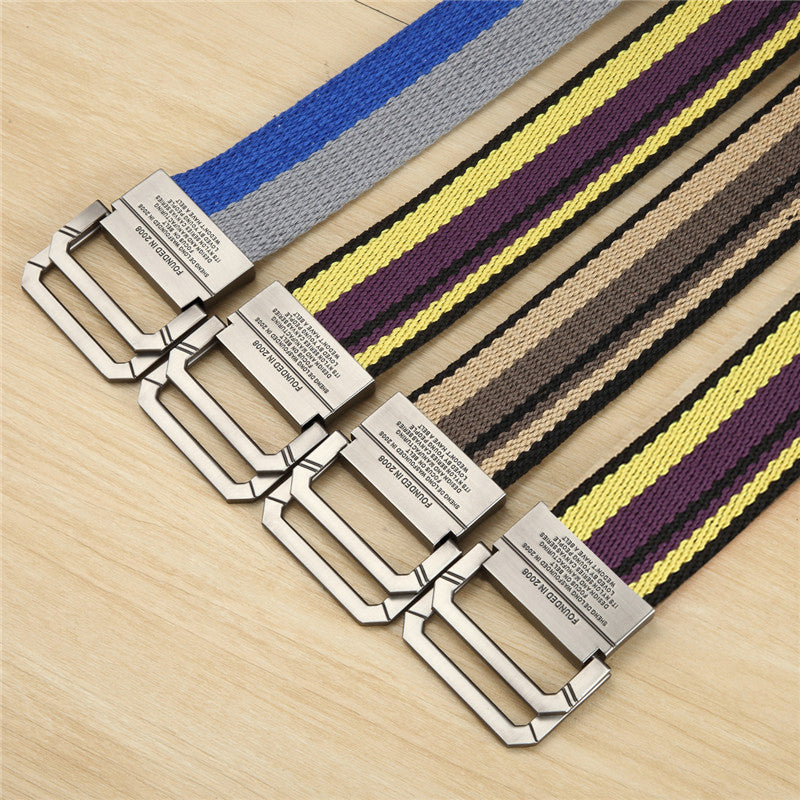 Canvas Belt Men's and Women's Belt Youth Student Double Ring Buckle Striped Belt Long Size Fashion Denim Belt