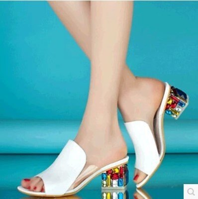 Crystal Women Summer High Heels Slippers Rhinestones Large Size Women Square Heels Slippers Fashion Women's Slides