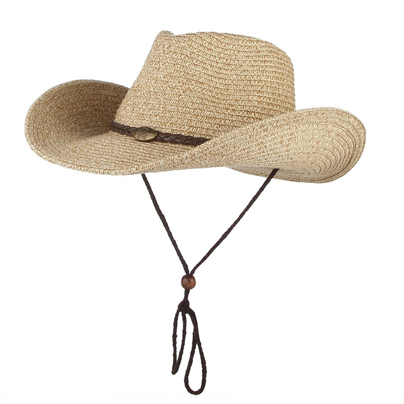 GEMVIE Western Cowboy Sun Hat Wind Lanyard For Men Women Wide Brim Straw Hat Beach Cap Panama Fishing Fisherman Cap Summer Hats