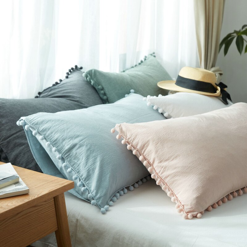 Washed Cotton Single Pillowcase White/Pink Bedroom Decorative Cute Ball Side Pillow Cases Girls Room Pillow Cover