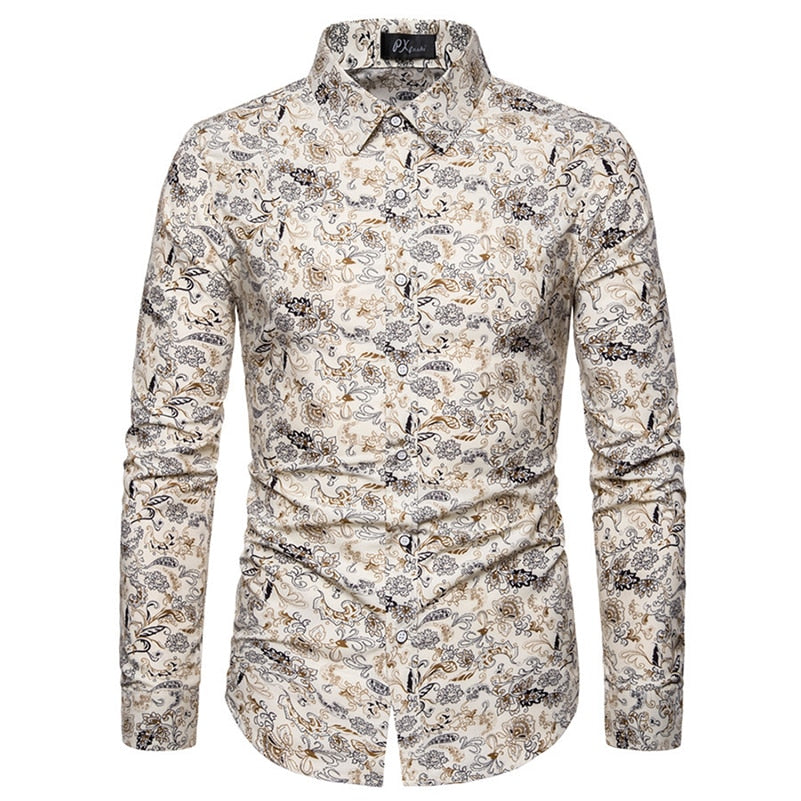 VISADA JAUNA Hawaii Men 's Casual Shirt Floral Printed Slim Fit Long-Sleeved Shirts Male Fashion Formal Big Size 5XL