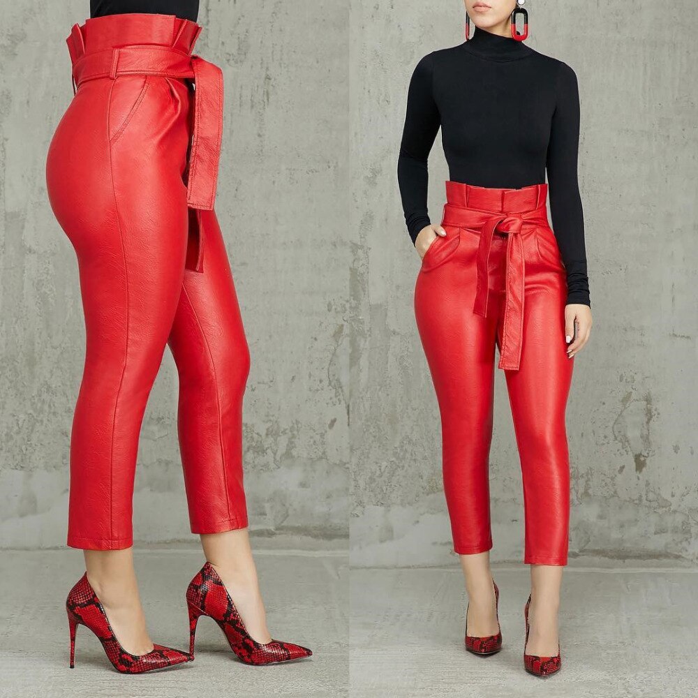 Women's Fashion Plus Size 2XL Casual Pocket Design Skinny Ankle-Length Pants OL Frills High Waist Belted PU Pencil Pants