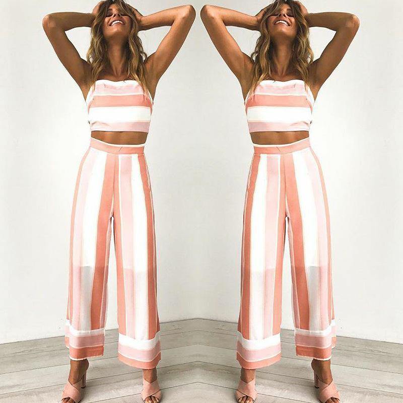 Women striped camis strapless crop top women tops loose pants 2 piece set for female women summer two pieces sets women's suits - Surprise store