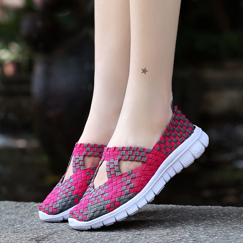 Summer Woven Big Size 35-42 Women Flats Breathable Sneaker Hollow Sandals Loafers Slip-on Running Sneaker Boat Sports Shoe