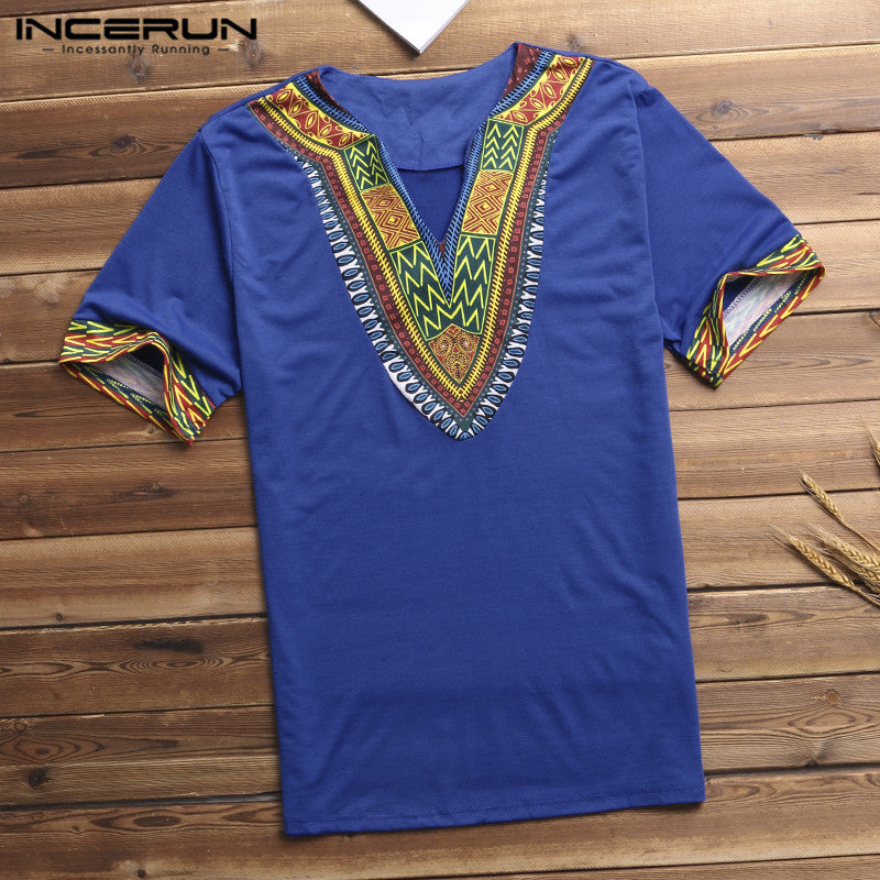 INCERUN Fashion Men Dashiki T Shirt V Neck Print Tops African Ethnic Short Sleeve Brand T-shirts Men African Clothes 2020 S-5XL