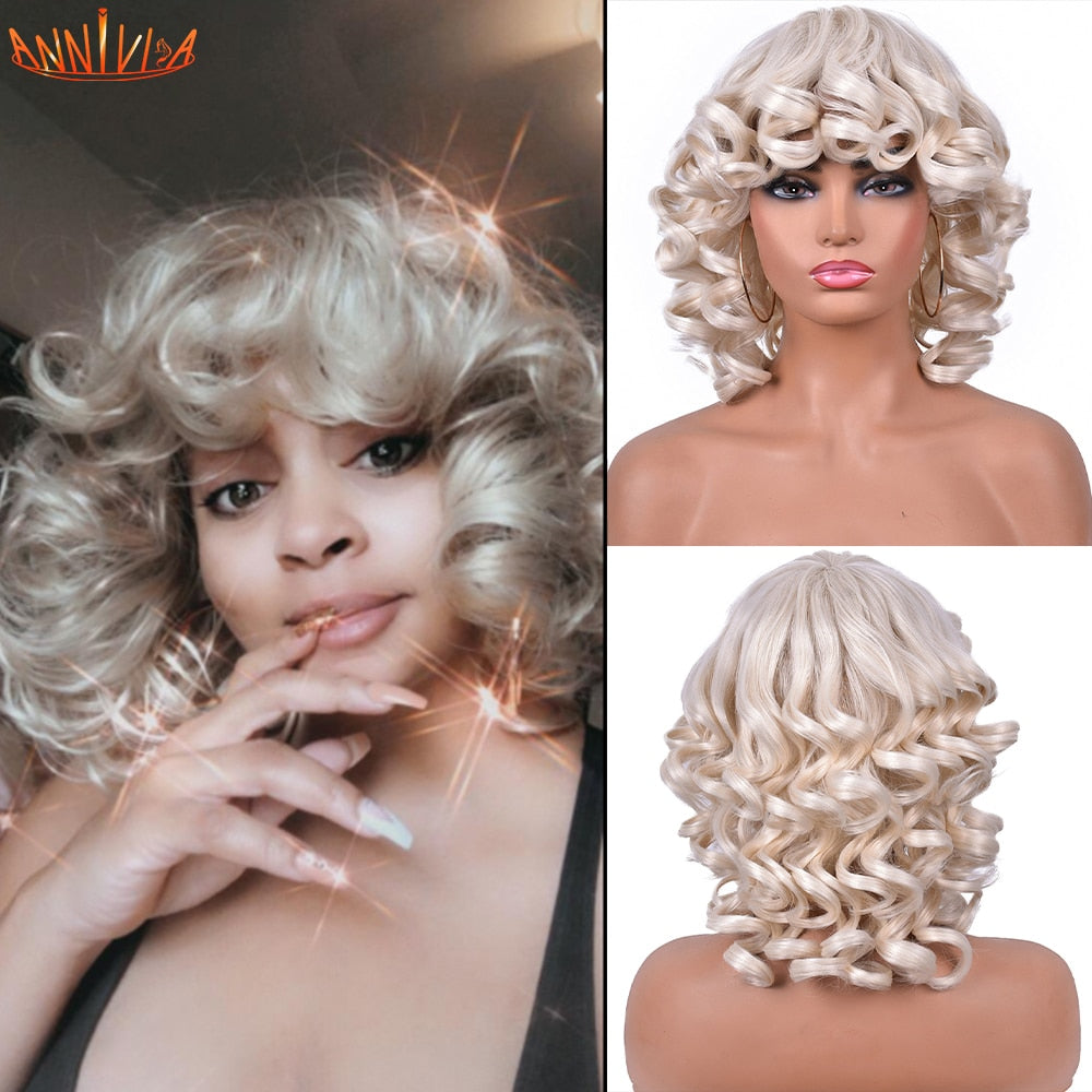 Short Hair Afro Kinky Curly Wigs With Bangs For Black Women Synthetic African Ombre Glueless Cosplay Wigs High Temperature