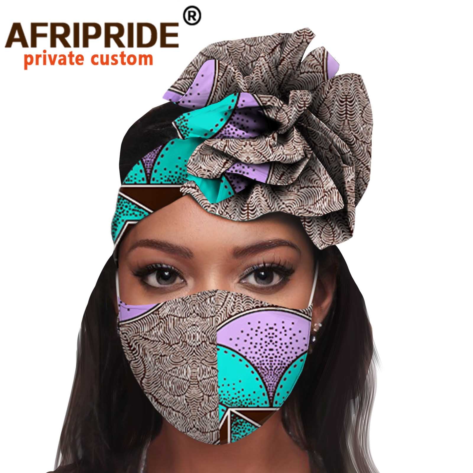 African 2 Piece for Women Headband Headwear Floral Turban Head Scarf Ladies Head Wrap Hair Accessories Match Print Mask A20H015