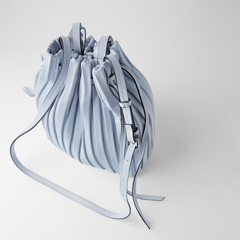 FUNMARDI Brand Design PU Leather Shoulder Bag Pleated Stripe Bucket Bag Ladies Crossbody Bag For Women Bag 2021 Handbag WLHB3081