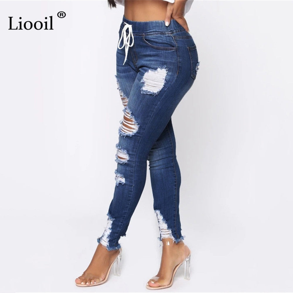 Light Blue Ripped Jeans for Women 2021 Street Style Sexy Mid Rise Distressed Trouser Stretch Skinny Hole Denim Pencil Pants
