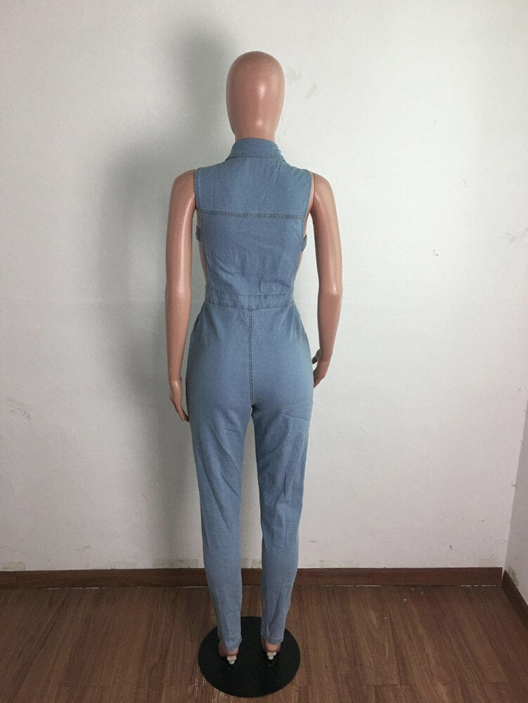 Summer Jeans Overalls Sexy Women Sleeveless Bodycon Blue Denim Pencil Jumpsuit Romper