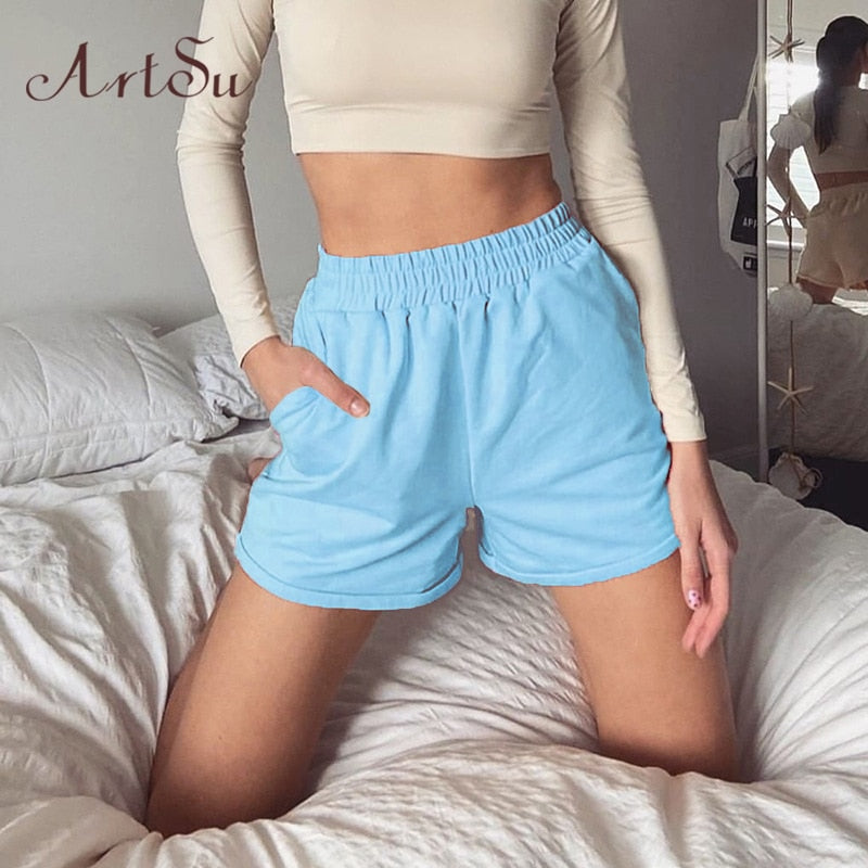 Artsu 2020 Summer Women Clothes Solid Cotton Sport Casual Shorts Women Harajuku High Waist Shorts Short Pants Ladies Autumn