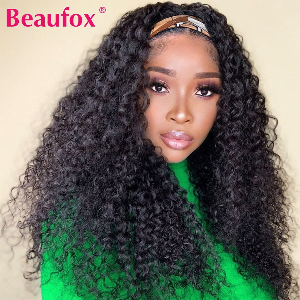 Beaufox Water Wave Headband Wig Human Hair Wigs For Black Women Brazilian Scarf Wig No Gel Glueless Remy Curly Human Hair Wigs