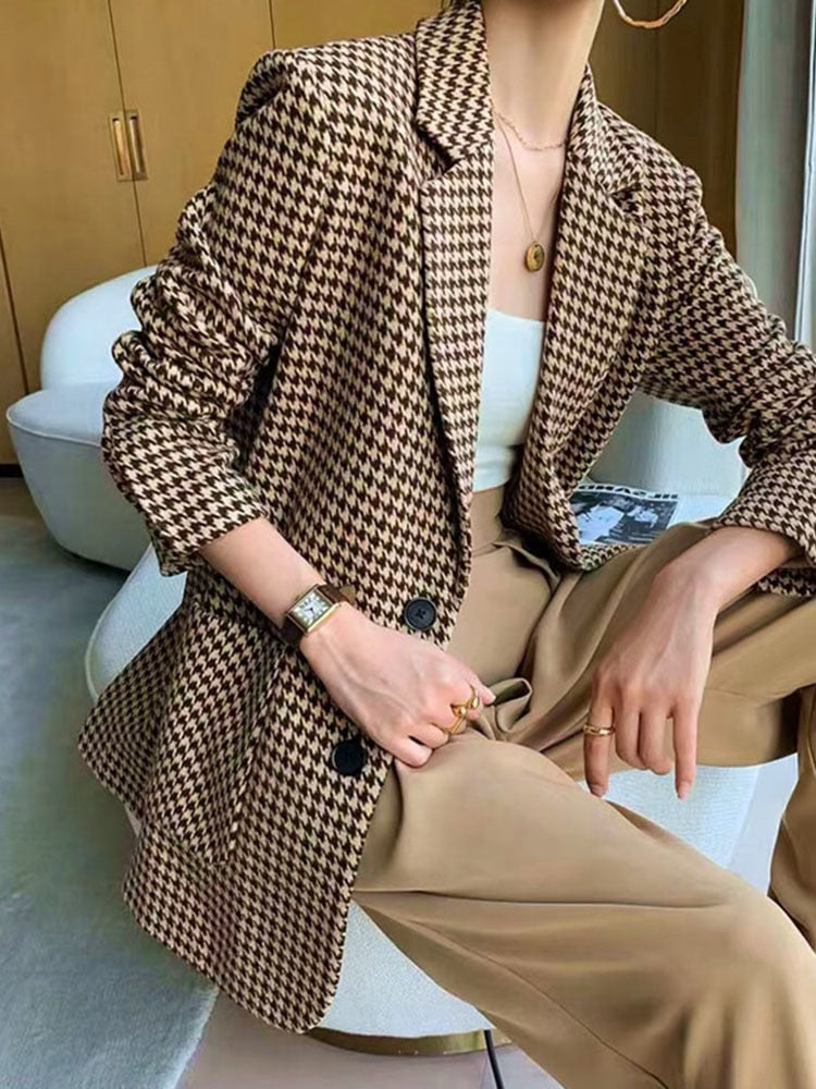 HARLEYFASHIION Casual Temperament Light Ripe Wind Plaid Suit Jacket Women Notched Single Breasted With Sashes Fshion Blazer