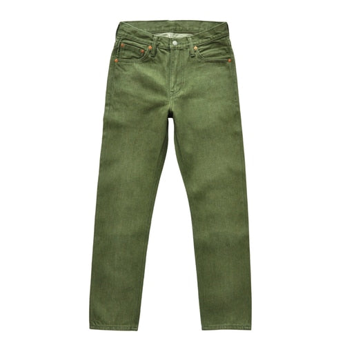 Saucezhan Men Jeans Vulcanization Olive Green 107 Selvedge Denim Jeans Men washed Slim Fit 14 Oz Zipper Fly