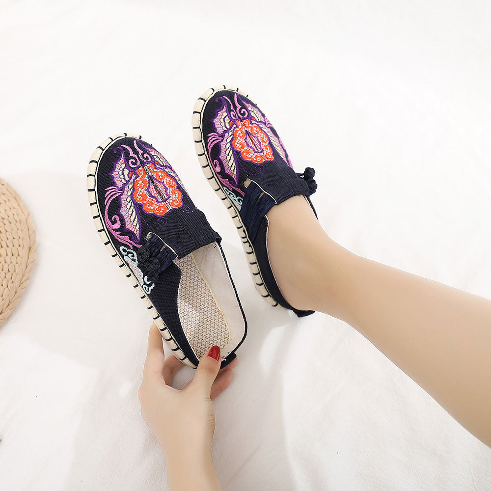 Veowalk Flower Embroidered Women Canvas Espadrilles Flat Slippers Bohemian Retro Ladies Comfortable Close Toe Summer Shoes