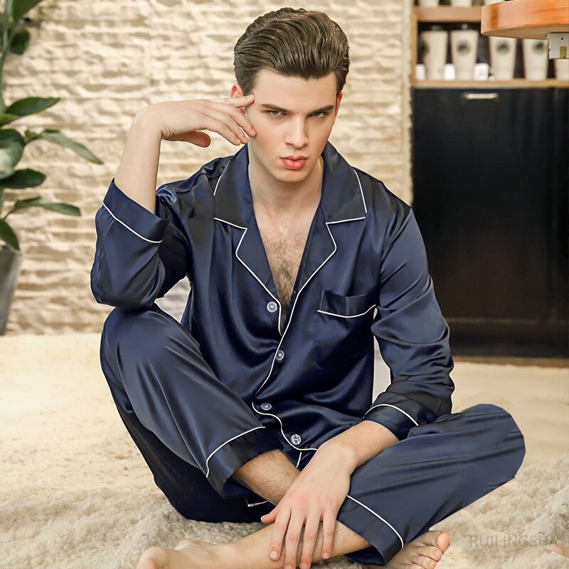 Spring Summer Men Ice Silk Pajama Sets Plus Size Turn-Down Collar Pijamas Dragon Print 2 Pieces Suit Fasinon Male Homewear