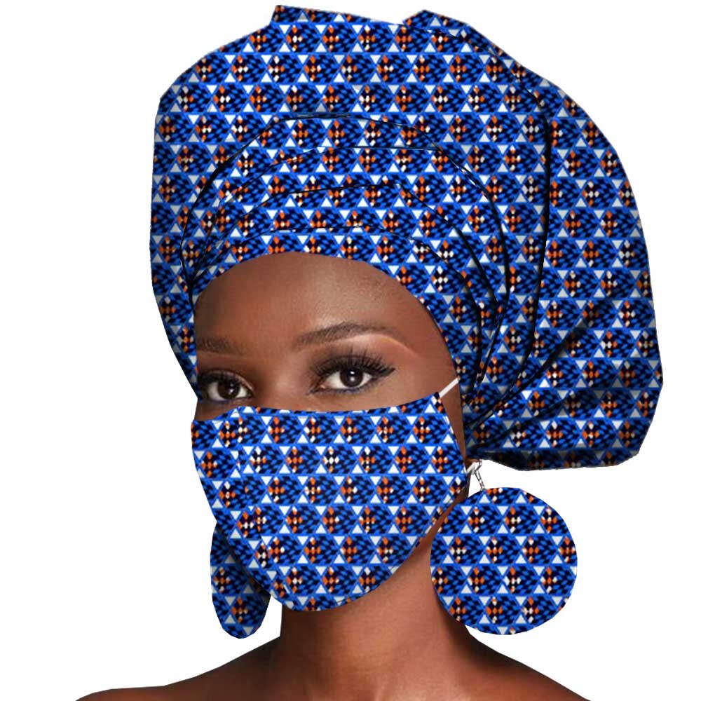 African Headwrap Earrings Hair Accessories Scarf Bonnet Ankara Wax Fabric Head Turban African Headscarf Mask Match Print A20H004
