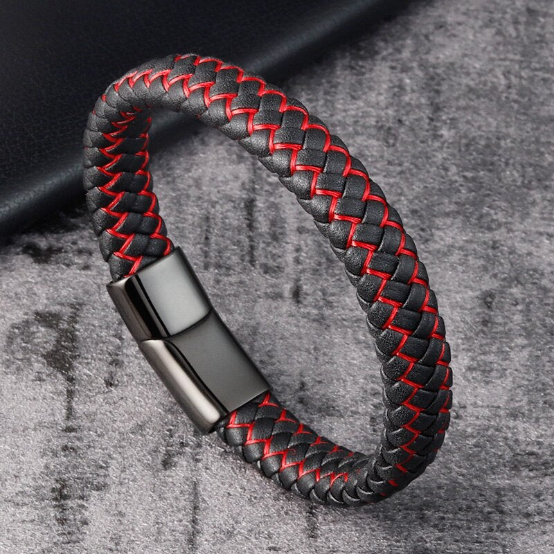 Trendy Men Jewelry Red Braided Leather Rope Bracelet Black Magnetic Buckle Bracelets Punk Men Wrist Band Pulsera Hombre